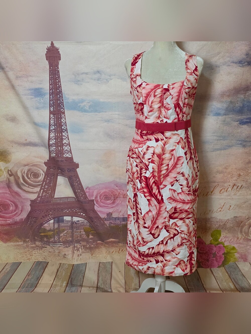 New York & Company Pink and White Tropical Midi Dress Sz 2